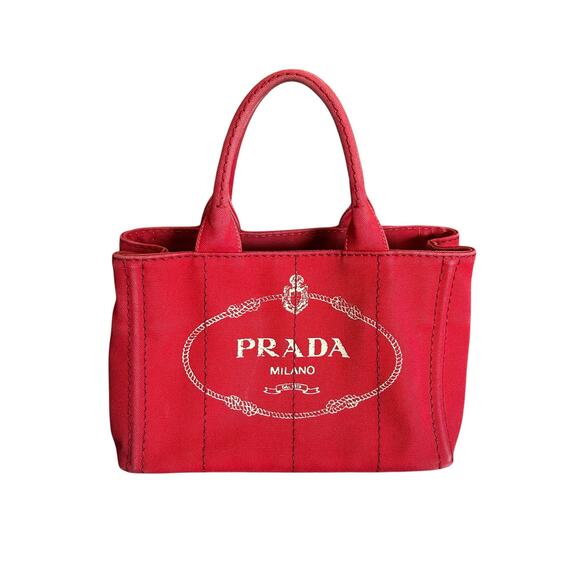 Prada Canapa Red White Canvas Double Handle Tote Bag with Crossbody Strap - Picture 1 of 12